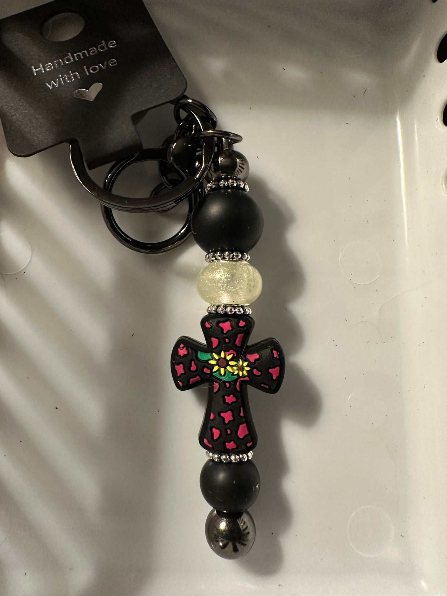 Black and Pink Cow Print Cross Key Chain