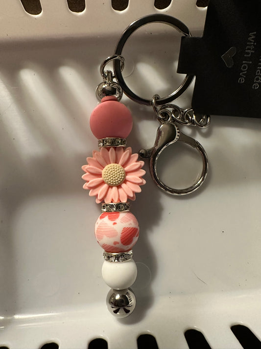 Pink Daisy and Heart Key Chain