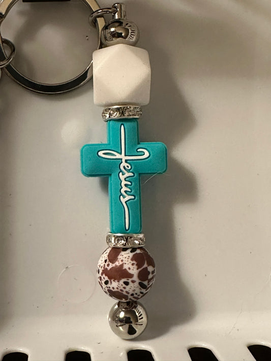 Blue and White Jesus Cross with cow print