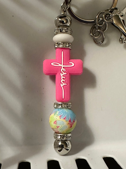 Pink Cross with Floral Key Chain