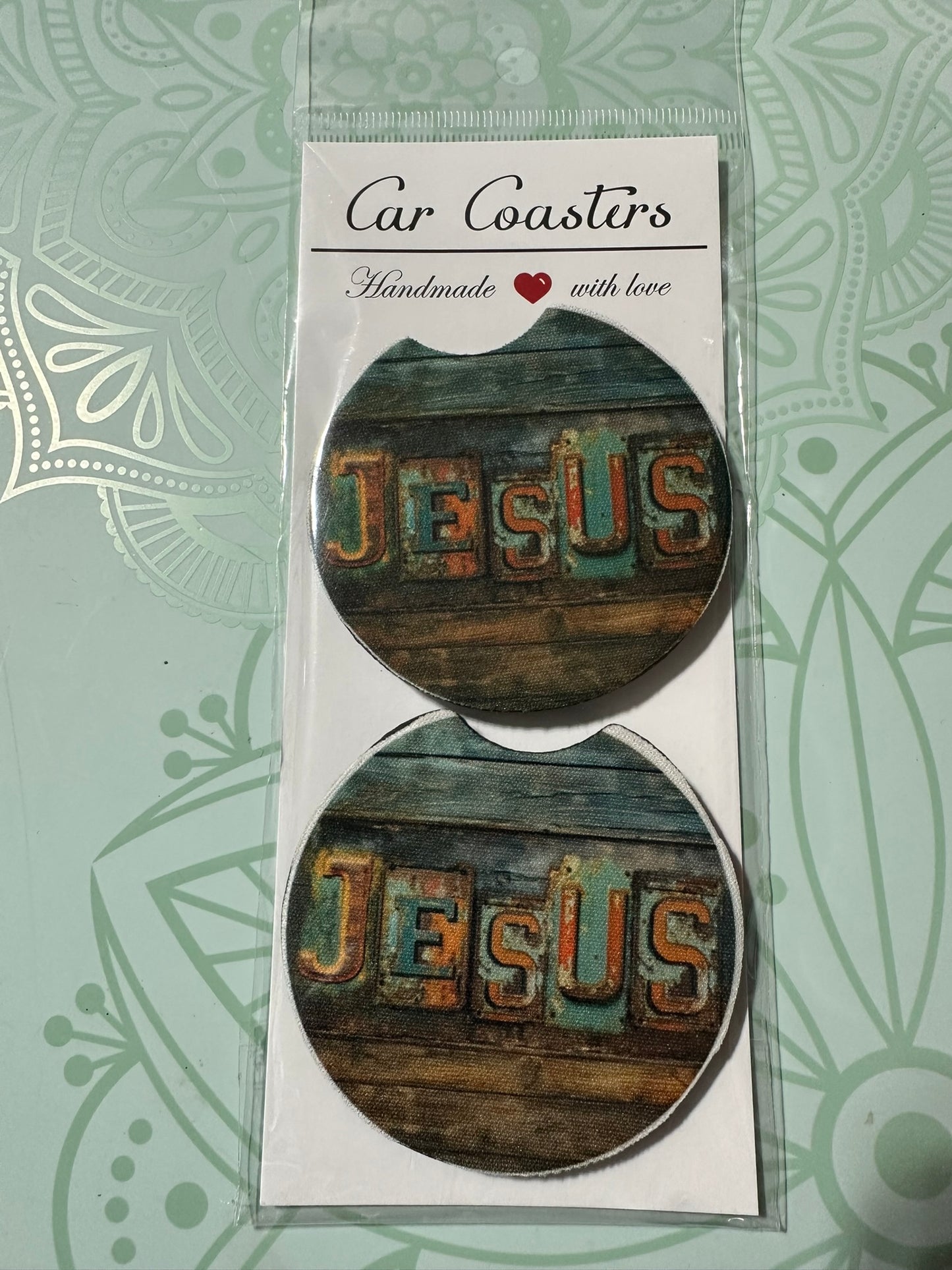 Jesus Wood Grain Car Coaster