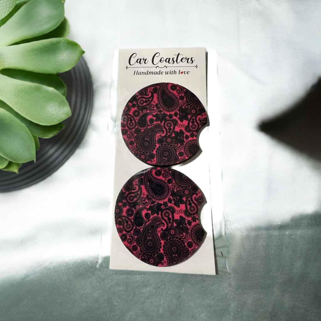 Pink and Black Paisley Car Coasters