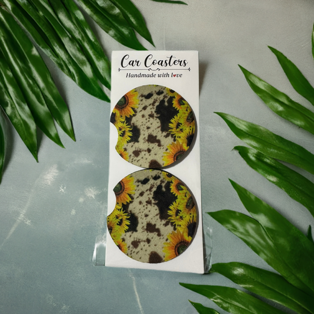 Sunflower and Cowprint Car Coaster