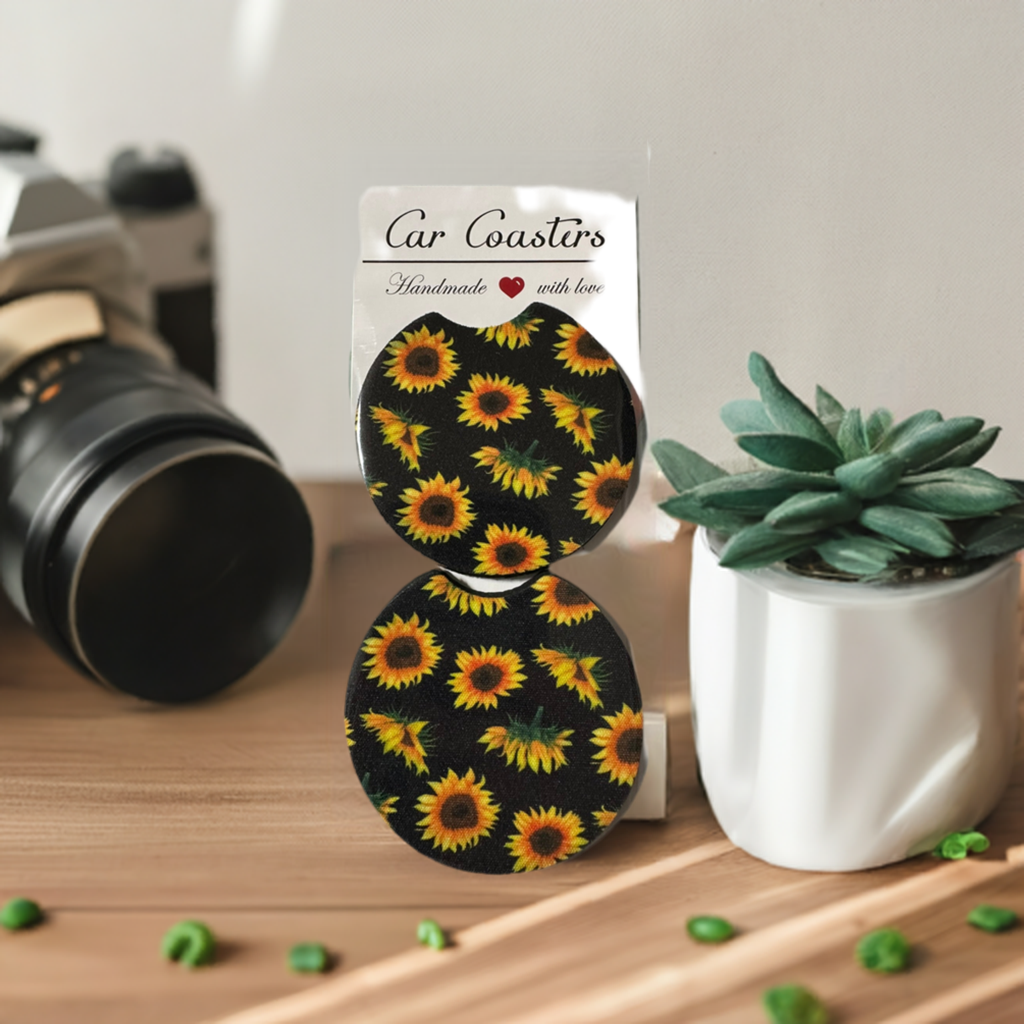 Sunflower with Black Background Car Coaster