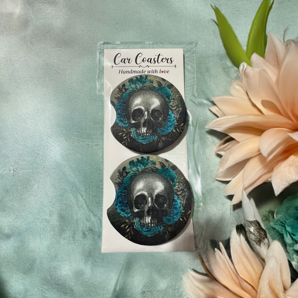 Skull and Blue Flower Car Coasters