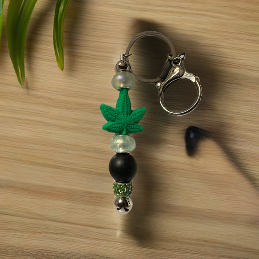 Pot Leaf with Black Bead Key Chain