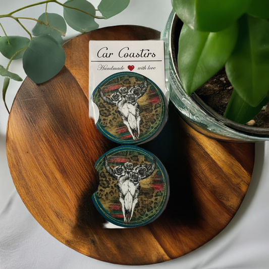 Cow Skull with Flowers Car Coaster