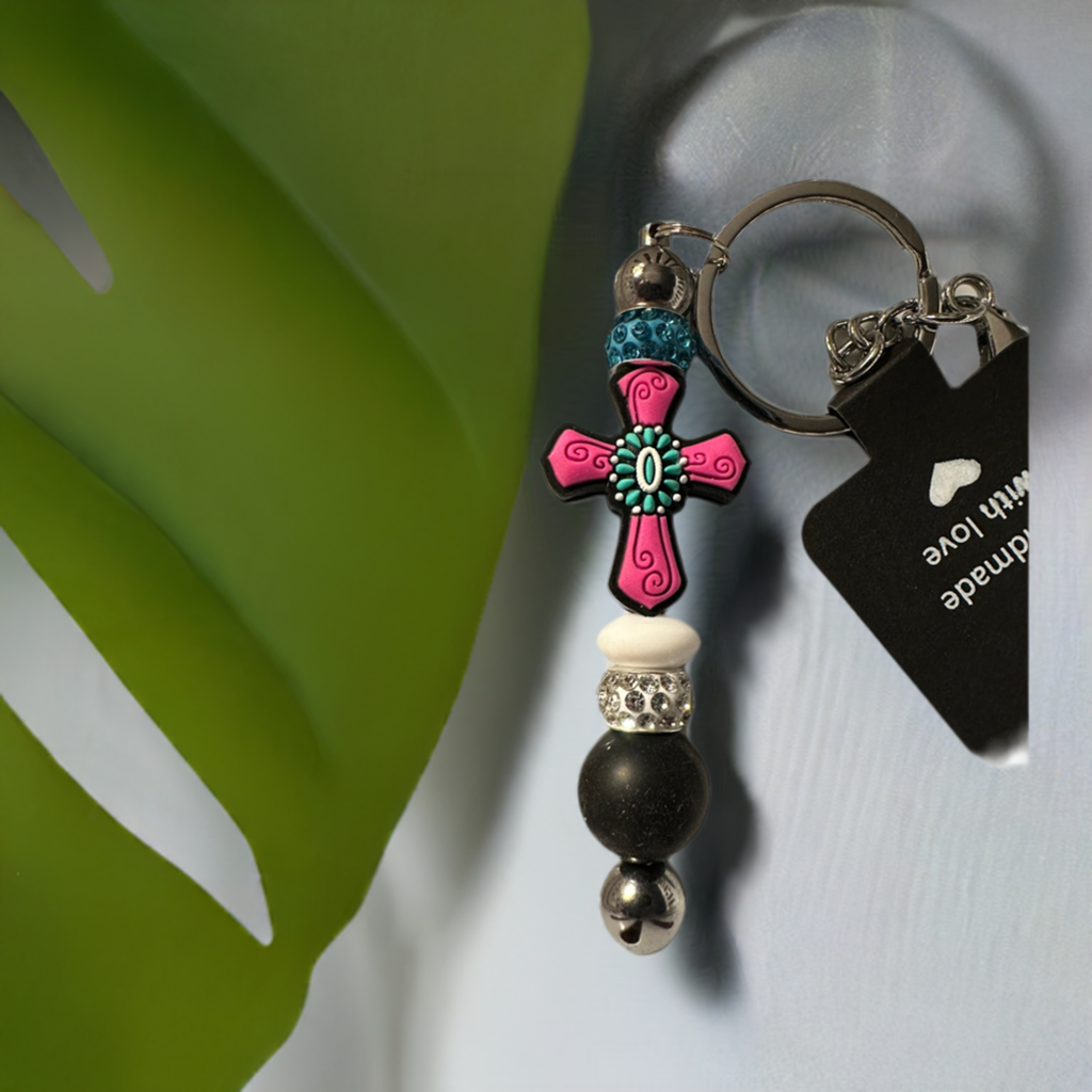 Pink Western Cross with Black Bead Key Chain