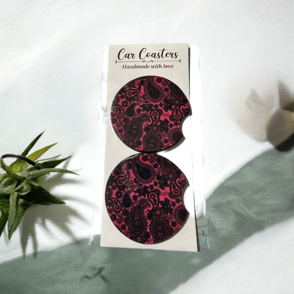 Pink and Black Paisley Car Coasters