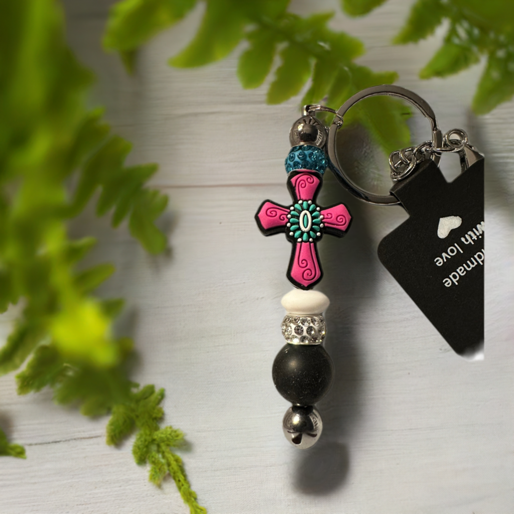 Pink Western Cross with Black Bead Key Chain
