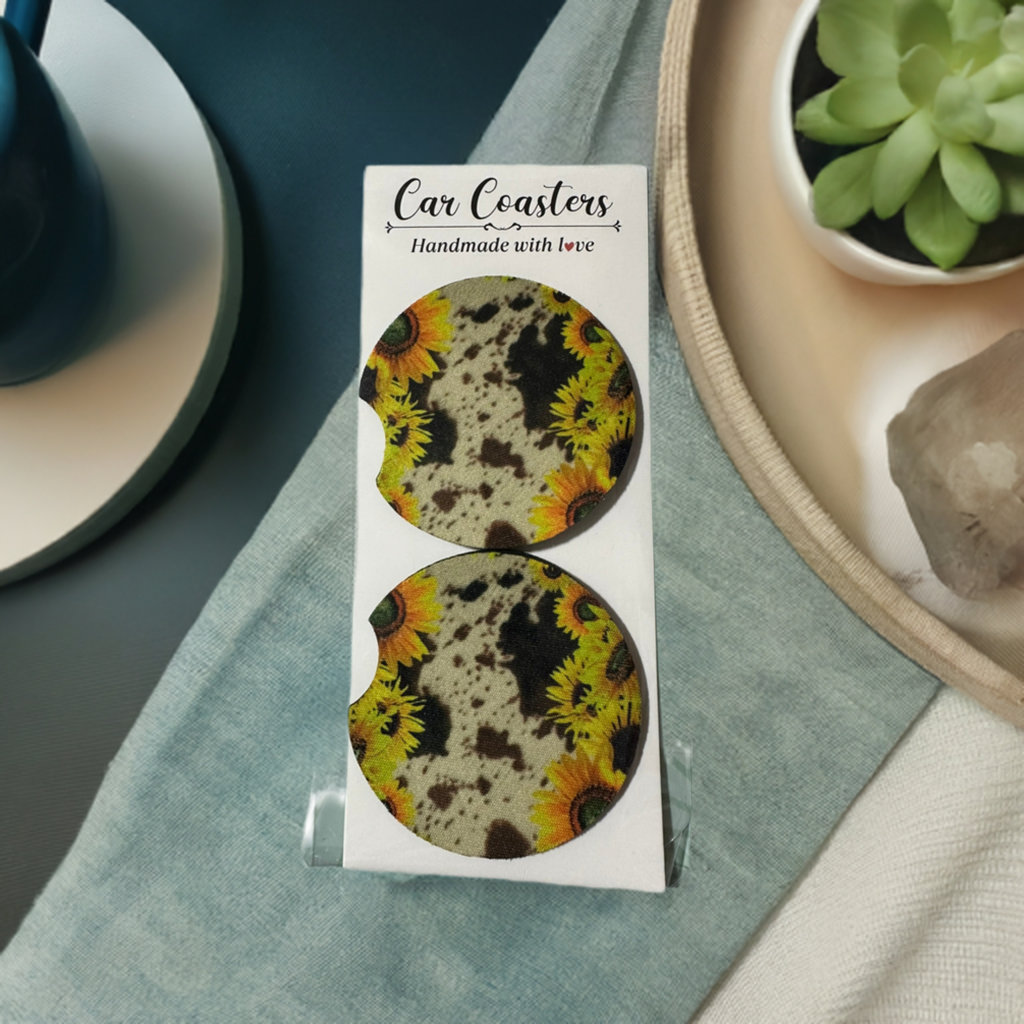 Sunflower and Cowprint Car Coaster