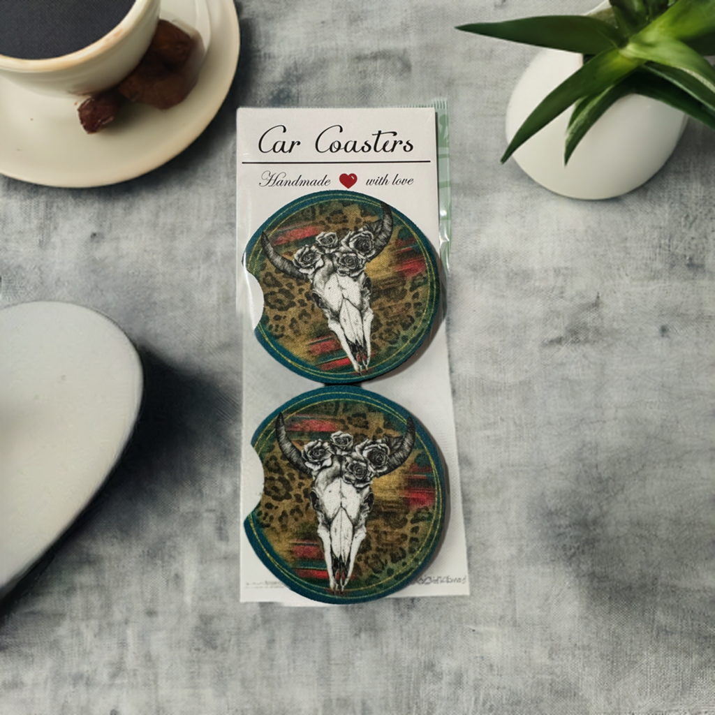 Cow Skull with Flowers Car Coaster