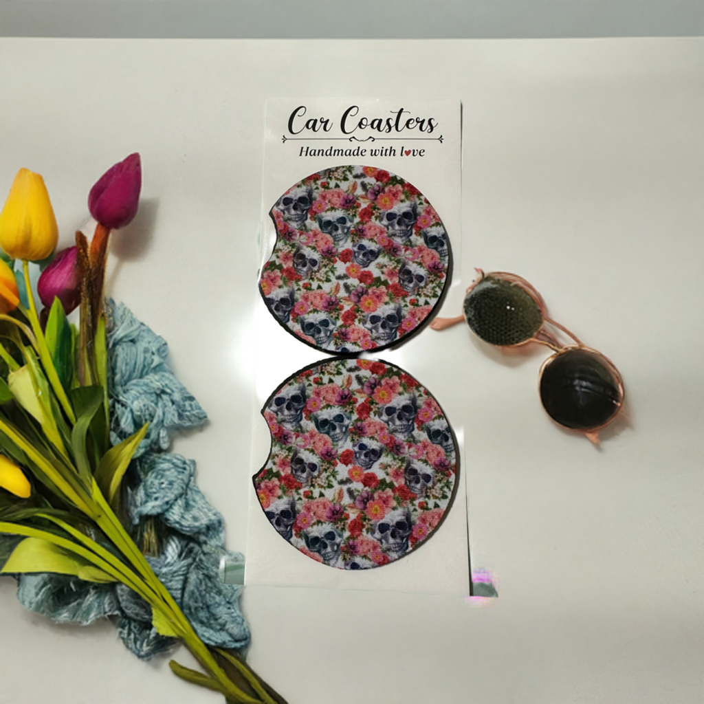 Skulls and Pink Flowers Car Coaster