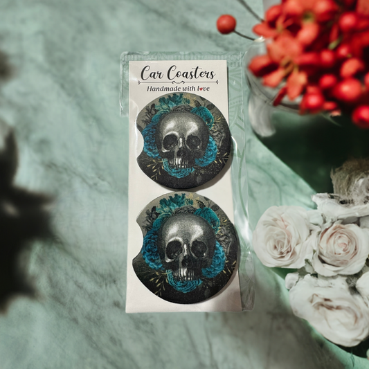 Skull and Blue Flower Car Coasters