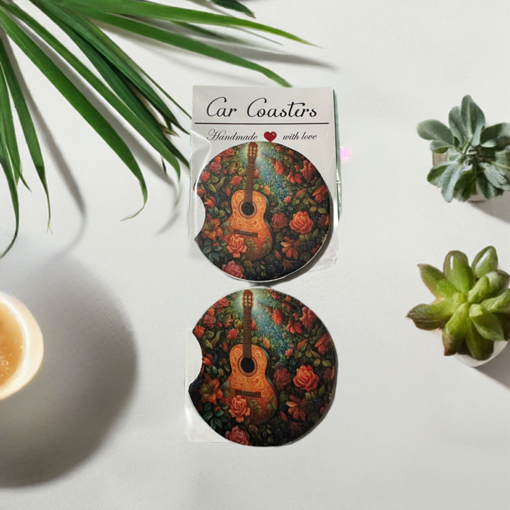 Guitar and Flower Car Coaster