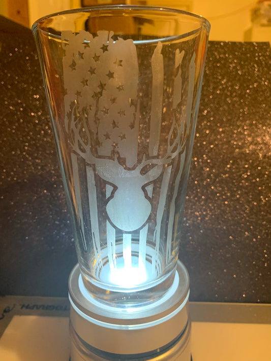 Deer head and distressed flag etched glass