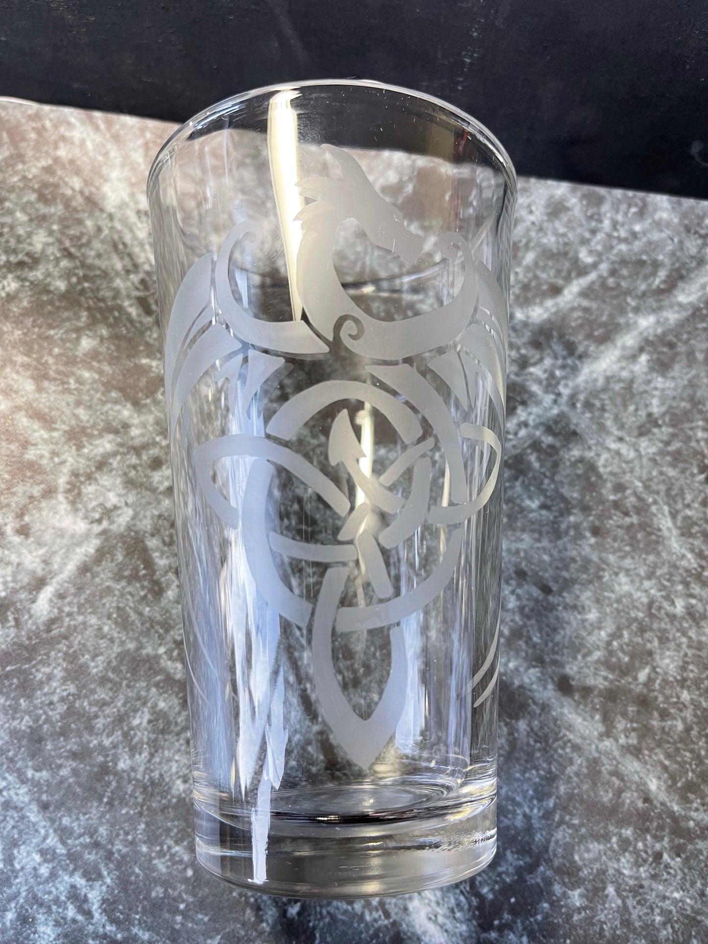 Celtic dragon etched beer glass