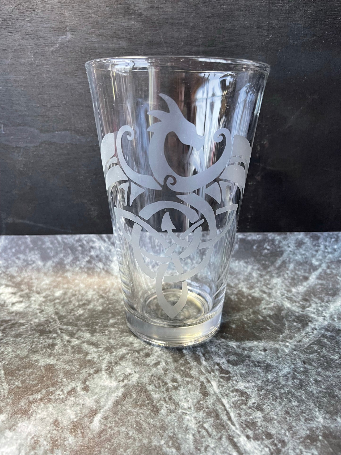 Celtic dragon etched beer glass